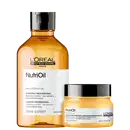 Dois produtos da linha L'Oréal Professionnel Serie Expert NutriOil: um frasco de shampoo e um pote de condicionador, ambos com embalagem de vidro âmbar e detalhes em preto e branco, destacando os ingredientes de óleo de coco.