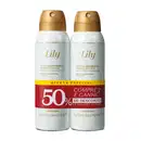 A imagem mostra dois frascos de antitranspirante aerossol seco da marca Lily. Os frascos são brancos com detalhes na cor dourada. Há uma oferta especial destacada, onde ao comprar 2 unidades, o cliente ganha 50% de desconto na segunda unidade.
