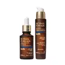 Dois itens Botik Retinol Puro em tons de marrom, dourado, branco, bege e azul, sendo um frasco de gel creme redutor de rugas e um frasco com conta-gotas de sérum facial.
