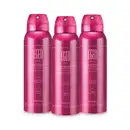 Três frascos rosa vibrante com letras em rosa claro contendo 125ml de desodorante antitranspirante aerossol Egeo Dolce.