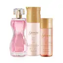 Três itens Glamour: vidro curvilíneo com líquido rosa de desodorante colônia, frasco branco e dourado de creme hidratante corporal e frasco dourado transparente com líquido rosa e tampa transparente de óleo perfumado corporal.