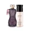 Dois itens Glamour Secrets Black, sendo um vidro curvilíneo com renda preta e borrifador dourado de desodorante colônia e um frasco branco com tampa e letras pretas de creme hidratante corporal.