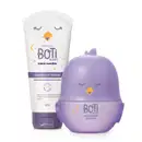 Dois itens Boti Baby Nana Neném: frasco branco com tampa, detalhes e letras roxas de creme hidratante corporal e um frasco em formato de passarinho em tons de roxo e lilás com detalhe laranja de desodorante colônia.