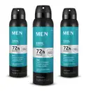 Três frascos pretos com rótulo azul, prata e preto, contendo, em cada um, 90g/150ml de desodorante aerossol da marca Men Cool Protect.