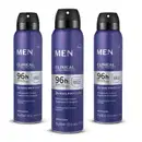 Três frascos azul marinho com tampas spray pretas, detalhes prateados e letras pratas e pretas de desodorante aerossol Men Clinical Ultra Protect.