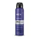 Tubo preto com rótulo azul marinho, prata e branco contendo 90g/150ml de desodorante antitranspirante aerossol da marca Men  Clinical Ultra Protect.