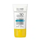 Frasco branco com tampa amarela, letras pretas e detalhes prata e azul, contendo 40ml de protetor solar facial antissinais FPS 30 Acqua Fluído da marca Boti.Sun.