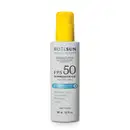 Frasco branco com tampa amarela, letras pretas e detalhe em azul, contendo 180ml de spray protetor solar corporal FPS 50 Acqua Fluído da marca Boti.Sun.