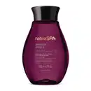 Frasco roxo com tampa preta e letras douradas, lilás e brancas, contendo 200ml de óleo hidratante corporal da marca Nativa SPA Ameixa Negra.