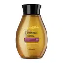Frasco em formato oval marrom transparente, mostrando o líquido dentro, com tampa preta e letras douradas e pretas, contendo 200ml de óleo desodorante hidratante corporal da marca Nativa SPA Quinoa & Amêndoas 