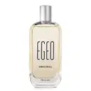 Vidro retangular com cantos arredondados, líquido bege claro, tampa prateada e letras azul-marinho em relevo contendo 90ml de desodorante colônia Egeo Original.