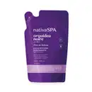 Refil de loção noturna corporal Nativa SPA Orquídea Noire em sachê de 350ml na cor roxa com detalhe lilás e letras douradas e brancas.
