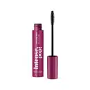 Frasco roxo com tampa na mesma cor, letras brancas, haste e escova aplicadora preta contendo 10g de máscara para cílios na cor preta, da marca Intense Pop!