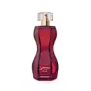 Vidro vermelho escuro em formato curvilíneo, borrifador dourado, tampa cristal e letras douradas contendo 75ml de desodorante colônia Glamour Diva.