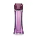 Vidro longo e transparente com líquido lilás, tampa roxa em formato de flor e letras roxas contendo 100ml de desodorante colônia Linda Irresistível.