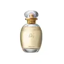 Frasco de vidro transparente com detalhes dourados. O frasco tem formato arredondado com tampa transparente. O líquido dentro é amarelo claro. O rótulo na parte frontal do frasco exibe o texto "L'eau de Lily".