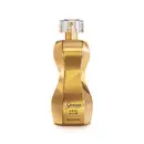 Frasco dourado em formato curvilíneo com borrifador dourado, tampa cristal e letras pretas contendo 75ml de desodorante colônia Glamour Gold Glam.