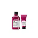 O conjunto de produtos L'Oréal Professionnel Curl Expression inclui um frasco de shampoo e um tubo de creme, ambos em tons de rosa vibrante.