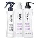 Três produtos de cuidados com cabelos da marca Stephen Knoll: frasco com bomba preta para hidratação e reparo, frasco com bomba branca para shampoo e frasco com bomba preta para condicionador, todos com rótulos em tons de roxo e branco.