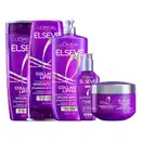 Produtos da linha Elseve da L'Oreal Paris, incluindo shampoo, condicionador, creme para pentear e tratamento de cabelo da linha Collagen® Lifter