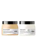 Duas máscaras de tratamento capilar da linha L'Oréal Professionnel: Absolut Repair e Metal Detox, em embalagens de 500g cada