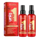 Dois leave-ins da linha Uniq One da marca Revlon Professional. Há uma caixa retangular vermelha com detalhes em branco e dourado, listando os 10 benefícios do tratamento.
