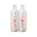 Dois frascos brancos da linha Bonacure da Schwarzkopf Professional, contendo o Shampoo Repair Rescue Arginine e o Condicionador Repair Rescue Arginine, ambos com rótulos vermelhos destacando o nome da linha e a função de reparação.