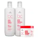 Conjunto de produtos Schwarzkopf Professional da linha Bonacure, incluindo shampoo, condicionador e tratamento para cabelos danificados, em embalagens brancas com detalhes em vermelho.
