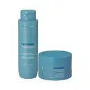 Shampoo e máscara capilar da linha Hydration da marca Braé, em embalagens plásticas de cor azul-esverdeada. O shampoo possui frasco com tampa dosadora, enquanto a máscara está em pote com tampa.