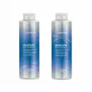 Dois frascos de produtos Joico da linha Moisture Recovery, um shampoo e um condicionador, com embalagens em tons de azul e branco, apresentando o nome da linha e informações sobre os benefícios de hidratação.