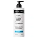 Frasco branco com bomba preta da linha Principia, contendo loção hidratante com 10% de ureia, 5% de glicerina e 5% de óleo de semente de girassol. Rótulo preto e branco com informações sobre os ingredientes e benefícios do produto.