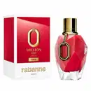 Perfum Rabanne Million Red For Her em frasco geométrico vermelho e branco com tampa dourada e detalhe de anel oval. Embalagem vermelha com logo dourado. Capacidade 90ml. Spray natural.
