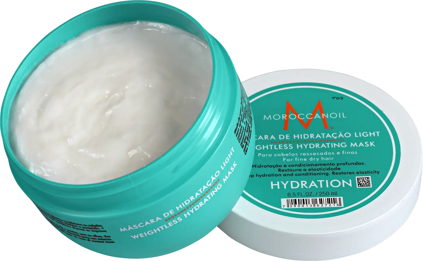 A imagem mostra a Máscara Capilar Moroccanoil Hydration Light 250ml em um pote redondo de plástico no tom tuquesa. A embalagem está aberta, mostrando a consistência e textura da máscara.