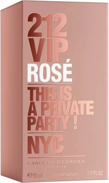 Caixa de perfume rosa da marca Carolina Herrera, com o nome "212 VIP ROSE" e a frase "THIS IS A PRIVATE PARTY! NYC" impressos em letras brancas e vermelhas.