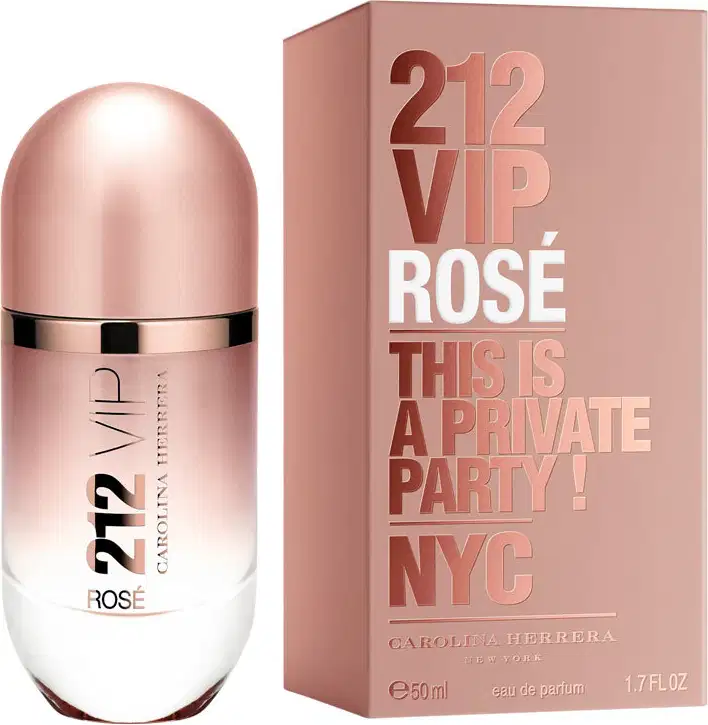Frasco de perfume Carolina Herrera 212 VIP Rose, com embalagem de caixa rosa clara exibindo o nome do produto. O frasco possui formato cilíndrico com tampa dourada, em tons claros e neutros.