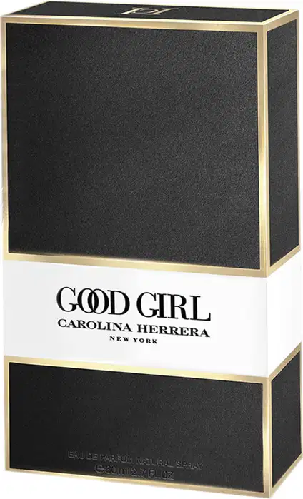 Caixa preta e dourada contendo o perfume "Good Girl" da marca Carolina Herrera, com o nome da marca e da fragrância impressos em letras brancas.