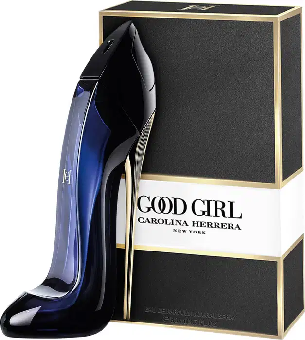 Frasco de perfume Carolina Herrera de design elegante e enigmático, com corpo preto brilhante e detalhes em dourado.