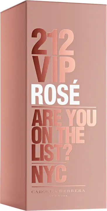 Perfume em frasco cilíndrico de metal rosado. O frasco tem um formato alongado com uma tampa arredondada na parte superior. O rótulo frontal exibe o texto "212 VIP Rosé" em letras douradas sobre fundo rosado.