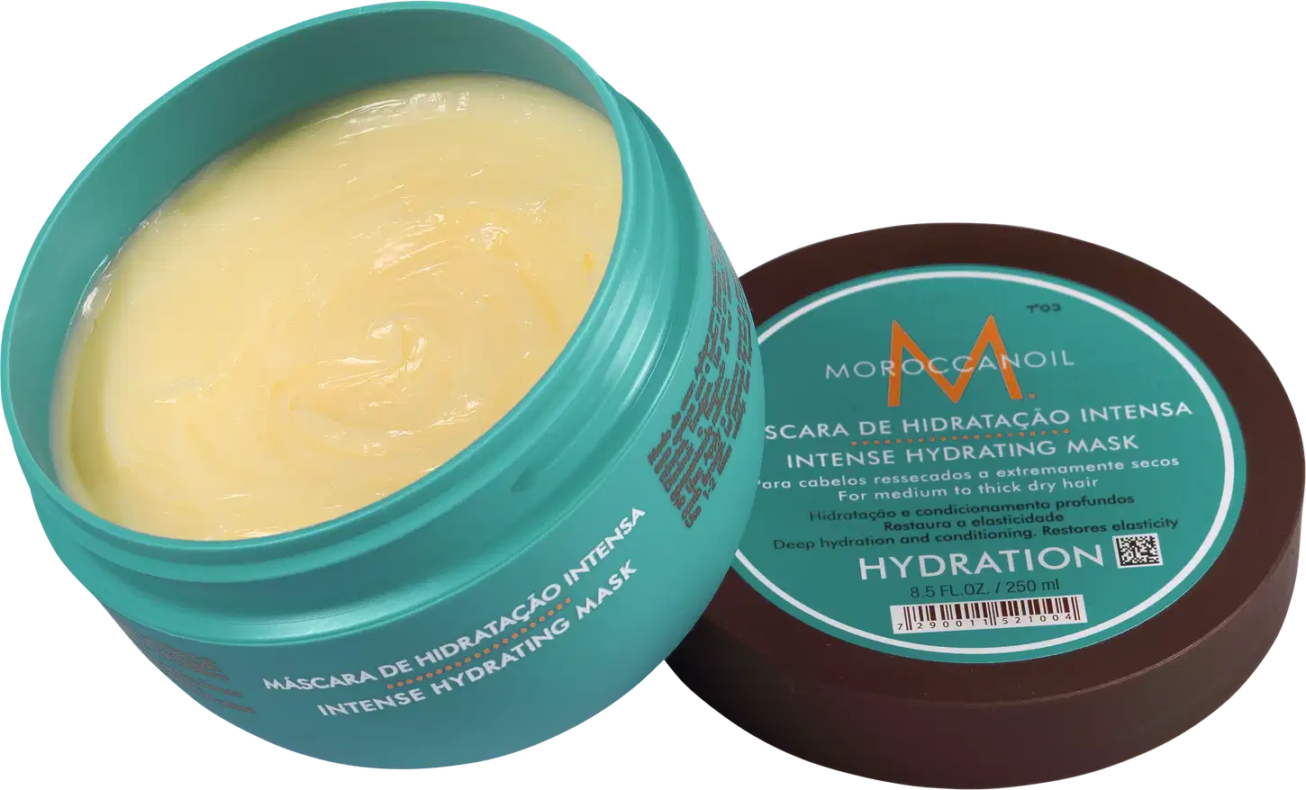 A imagem mostra a Máscara Capilar Moroccanoil Intense Hydration 250ml em um pote redondo na cor turquesa e uma tampa marrom ao lado. O pote está aberto e mostra a textura cremosa do produto.
