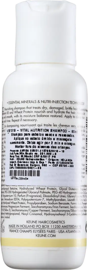 Frasco branco de 80 ml do Shampoo de Nutrição Vital da linha Keune Care, com rótulo em preto e amarelo destacando o nome da marca e do produto.