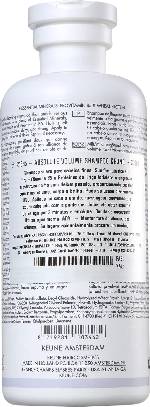 Frasco branco da linha Care da Keune, contendo Shampoo Absolute Volume. O produto é destinado a volumizar cabelos normais a finos, conforme indicado no rótulo.