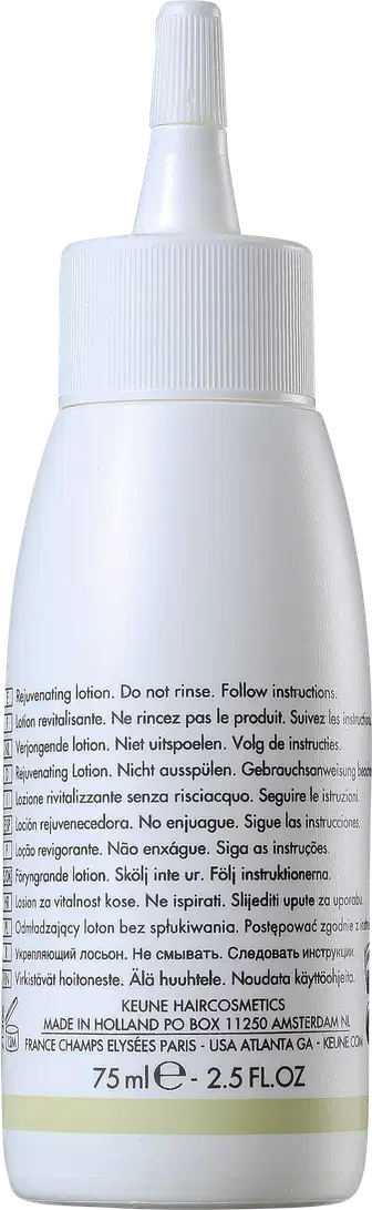 Frasco branco de loção ativadora Keune Care Derma Activate, com rótulo em preto e amarelo, apresentando informações sobre o produto.