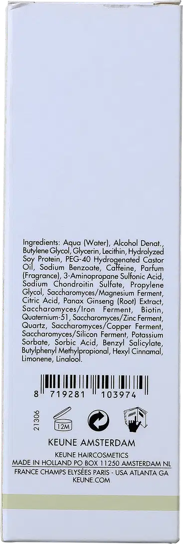 Frasco branco de loção ativadora Keune Care Derma Activate, com rótulo em preto e amarelo, apresentando informações sobre o produto.