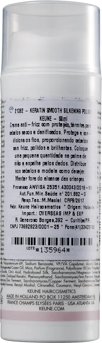 Frasco branco de 50ml de Keune Keratin Smooth Silkening Polisher, com rótulo detalhando ingredientes e informações do produto.