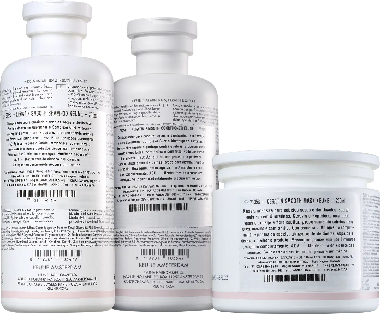 Dois frascos brancos de shampoo e máscara de tratamento capilar da marca Keune, com rótulos em inglês e português descrevendo os ingredientes e benefícios do produto.