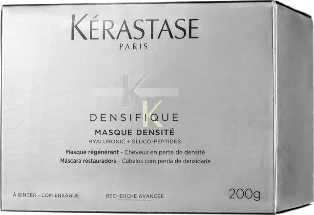 Embalagem branca e prata de máscara capilar Kérastase Densifique, com 200g de produto. Rótulo com nome da marca e informações sobre os ingredientes.