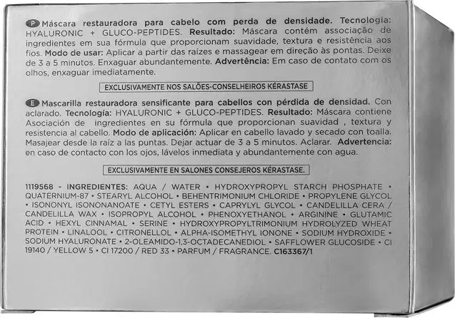 Embalagem branca e prata de máscara capilar Kérastase Densifique, com 200g de produto. Rótulo com nome da marca e informações sobre os ingredientes.