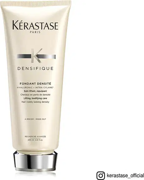 Tubo de creme Kérastase Densifique, com embalagem branca e detalhes em preto, contendo informações sobre o produto e sua fórmula.