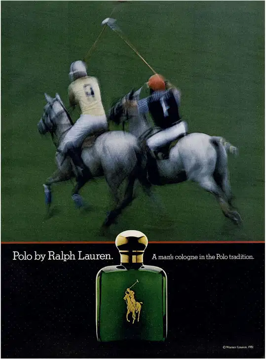 A imagem mostra dois cavalos competindo e o frasco de perfume no rodapé.