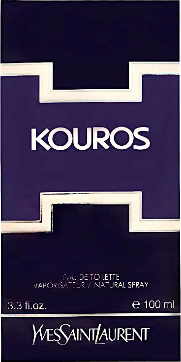 Frasco de perfume Kouros da Yves Saint Laurent, com embalagem em tons de roxo e branco, contendo 100 ml do produto. O rótulo apresenta o nome da marca e do produto em destaque.